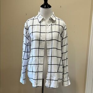 Lands' End White Button-Down Shirt with Black Windowpane Grid